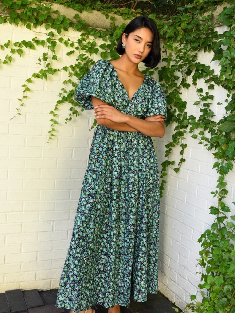 NWOT De Loreta Rococo Floral Cotton Puff-Sleeve Vneck Maxi Dress in Jazmin M L